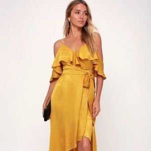 LULU'S LAYLA MUSTARD YELLOW SATIN OFF-THE-SHOULDER